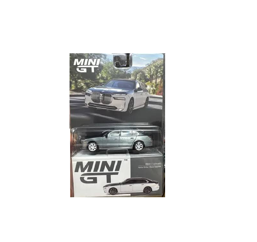 MINI GT 1:64 – BMW i7 xDrive60 (Alpine White / Black Sapphire / Blister Pack)