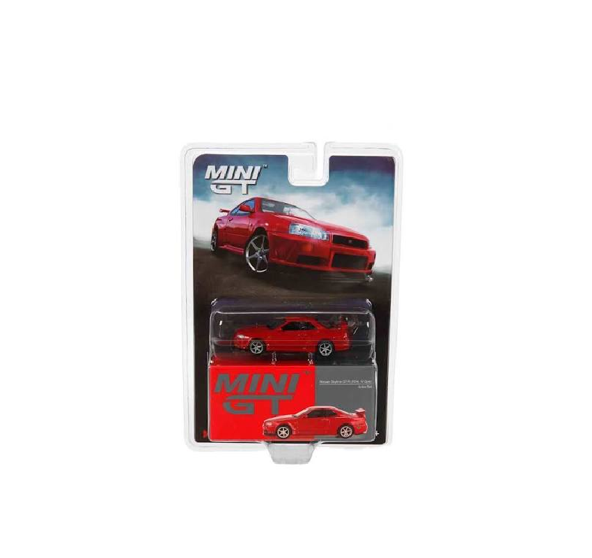 MINI GT 1:64 – Nissan Skyline GT-R (R34) V-Spec (Active Red / Blister Pack)