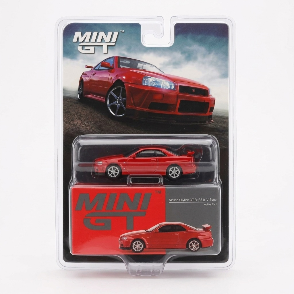 MINI GT — Nissan Skyline GT-R (R34) V-Spec (1/64 Ölçek, Active Red)