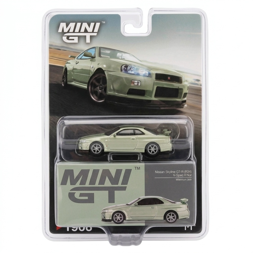 MINI GT — Nissan Skyline GT-R (R34) V-Spec II Nür (1/64 Ölçek, Millennium Jade)