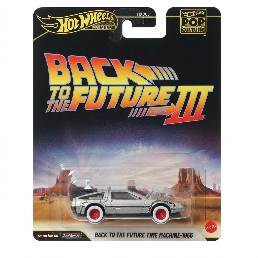 Hot Wheels Premium — Back to the Future Time Machine - 1955 (Pop Culture / BTTF III, Ürün Kodu: HXD83 - Kırmızı jantlı ve beyaz yanak lastikli versiyon)