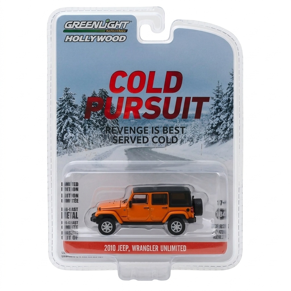 Greenlight Hollywood — 2010 Jeep Wrangler Unlimited (Cold Pursuit / Soğuk Takip Serisi, 1/64 Ölçek, Turuncu/Siyah)